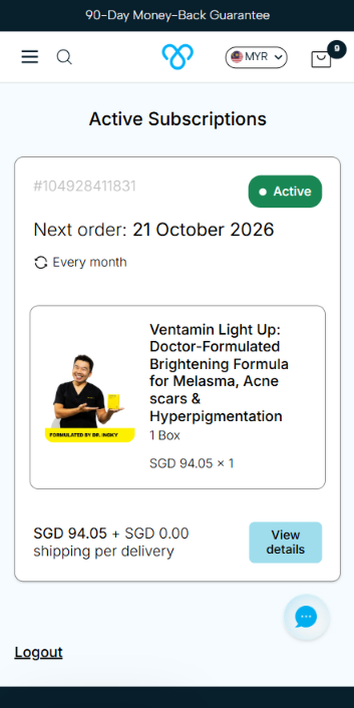 Active Subscriptions screen with the subscription status, next order date and View details button highlighted