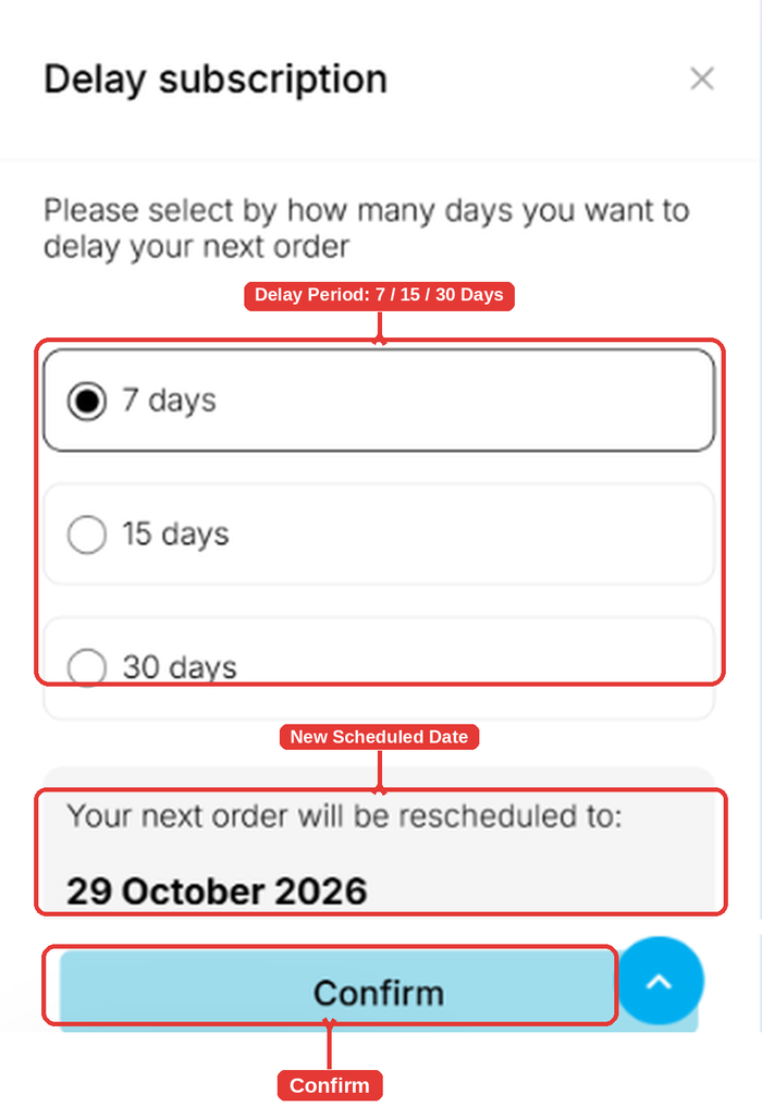 Delay subscription options with 7, 15 and 30 days, the new order date and Confirm button highlighted