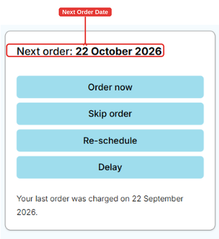 Next order card with the next order date highlighted