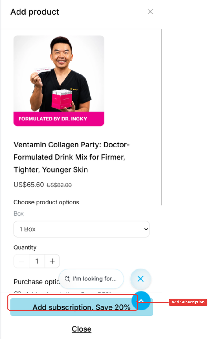 Add product screen with Add subscription, Save 20% highlighted