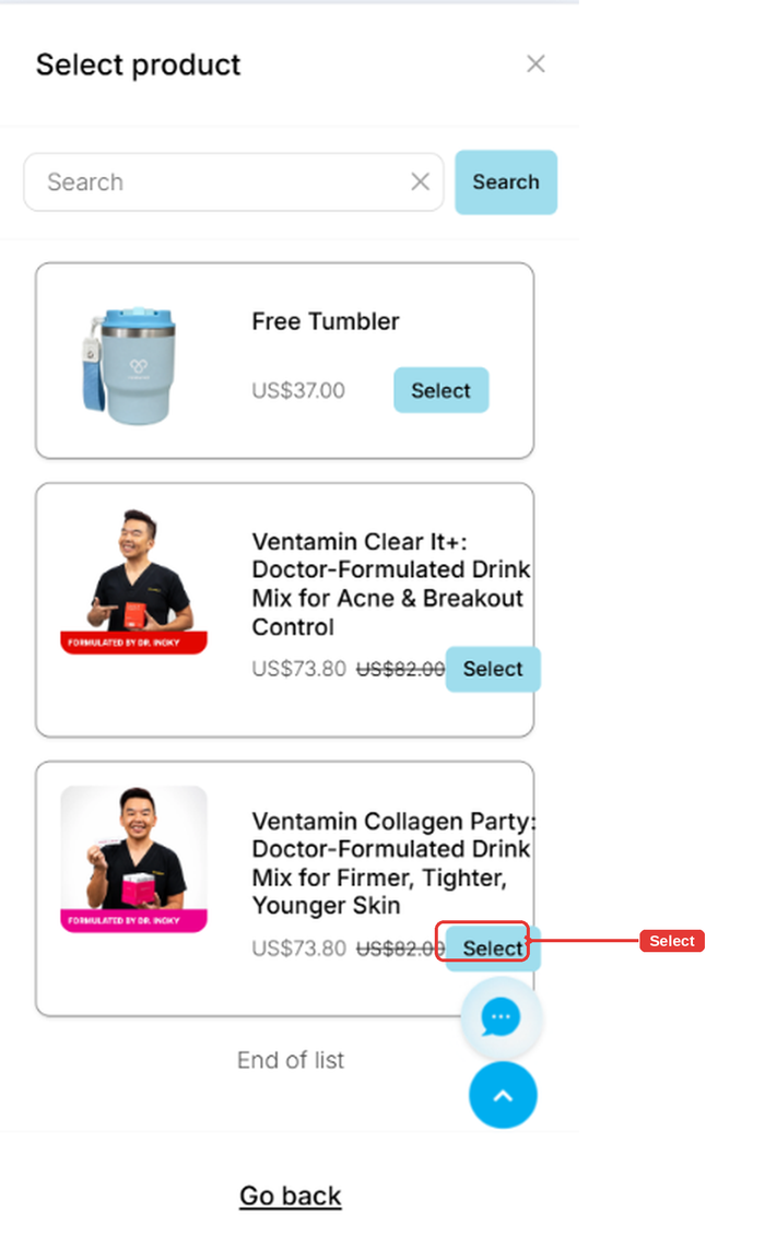 Select product list with the Select button highlighted