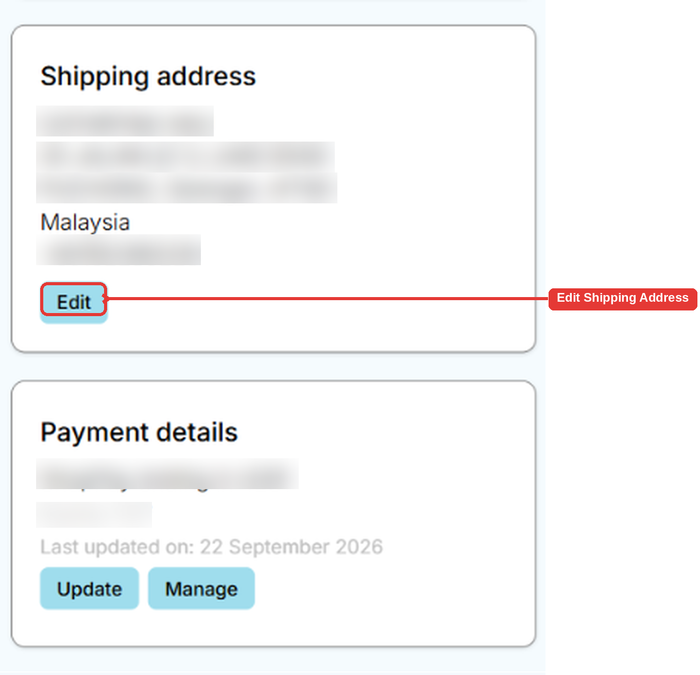 Shipping address card with the Edit button highlighted