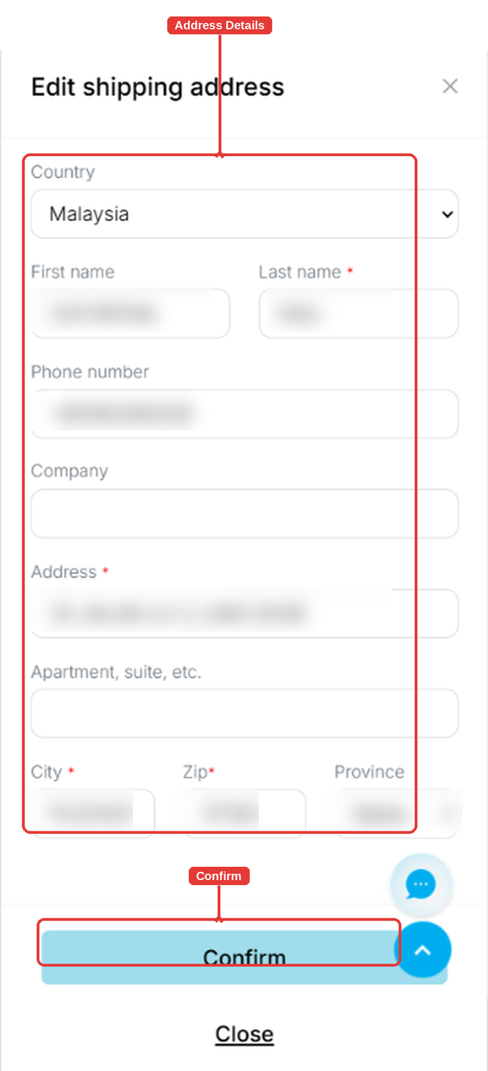 Edit shipping address pop-up with the address fields and Confirm highlighted