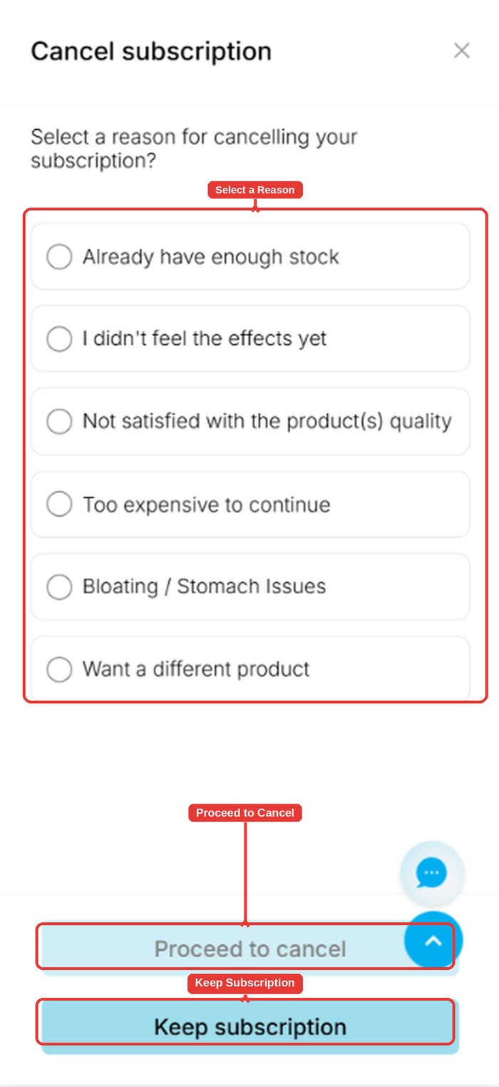 Cancel subscription reason pop-up with the reason list, Proceed to cancel and Keep subscription highlighted