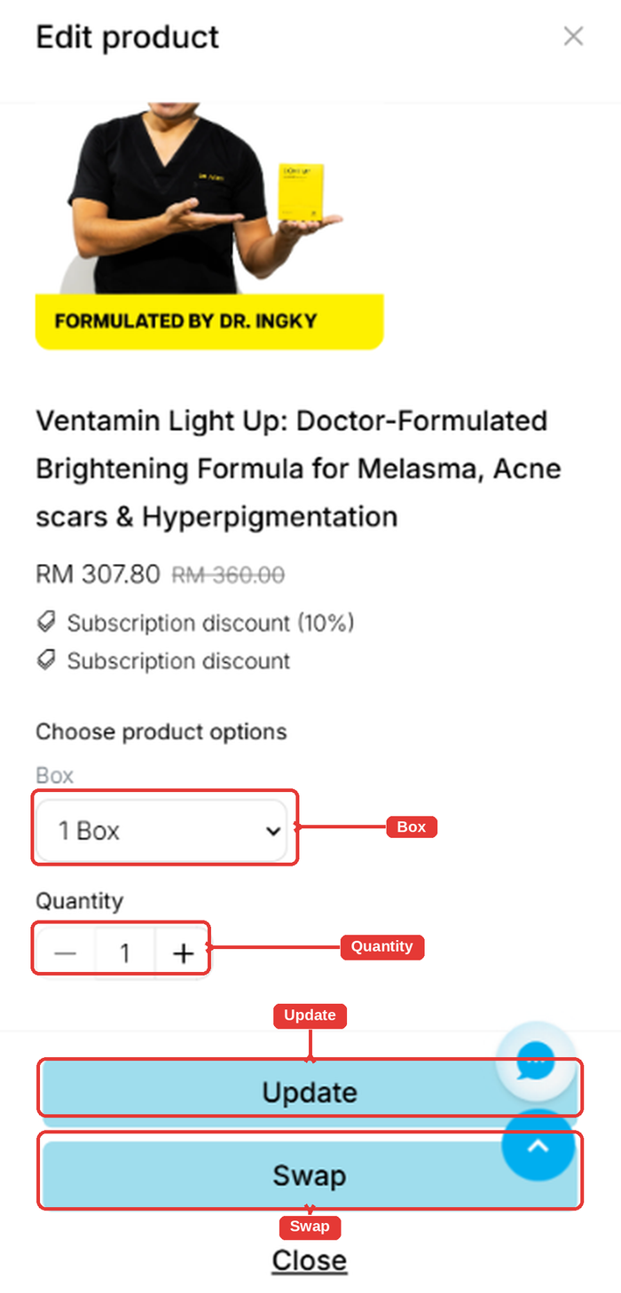 Edit product pop-up with Box, Quantity, Update and Swap highlighted