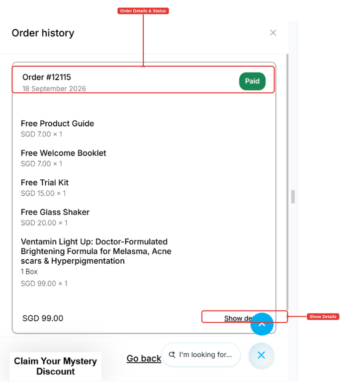 Order history pop-up with an order, its date and payment status, and Show details highlighted
