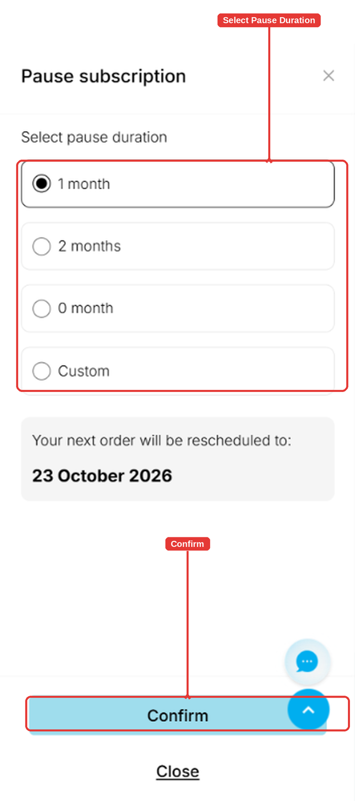 Pause subscription pop-up with the pause duration options and Confirm highlighted