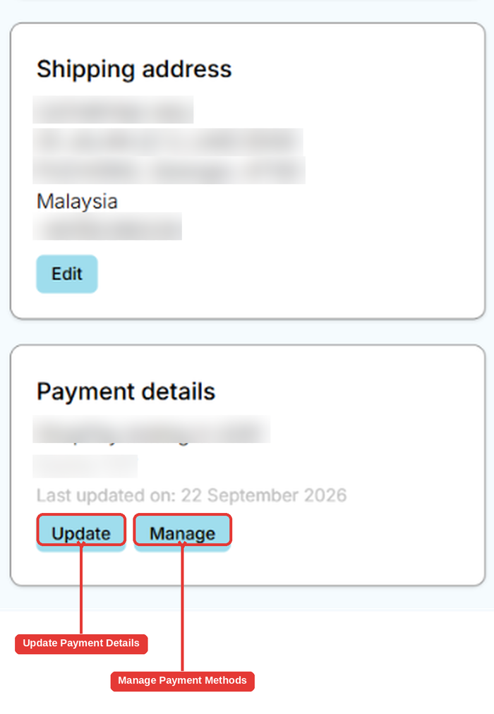 Payment details card with Update and Manage highlighted as two separate actions
