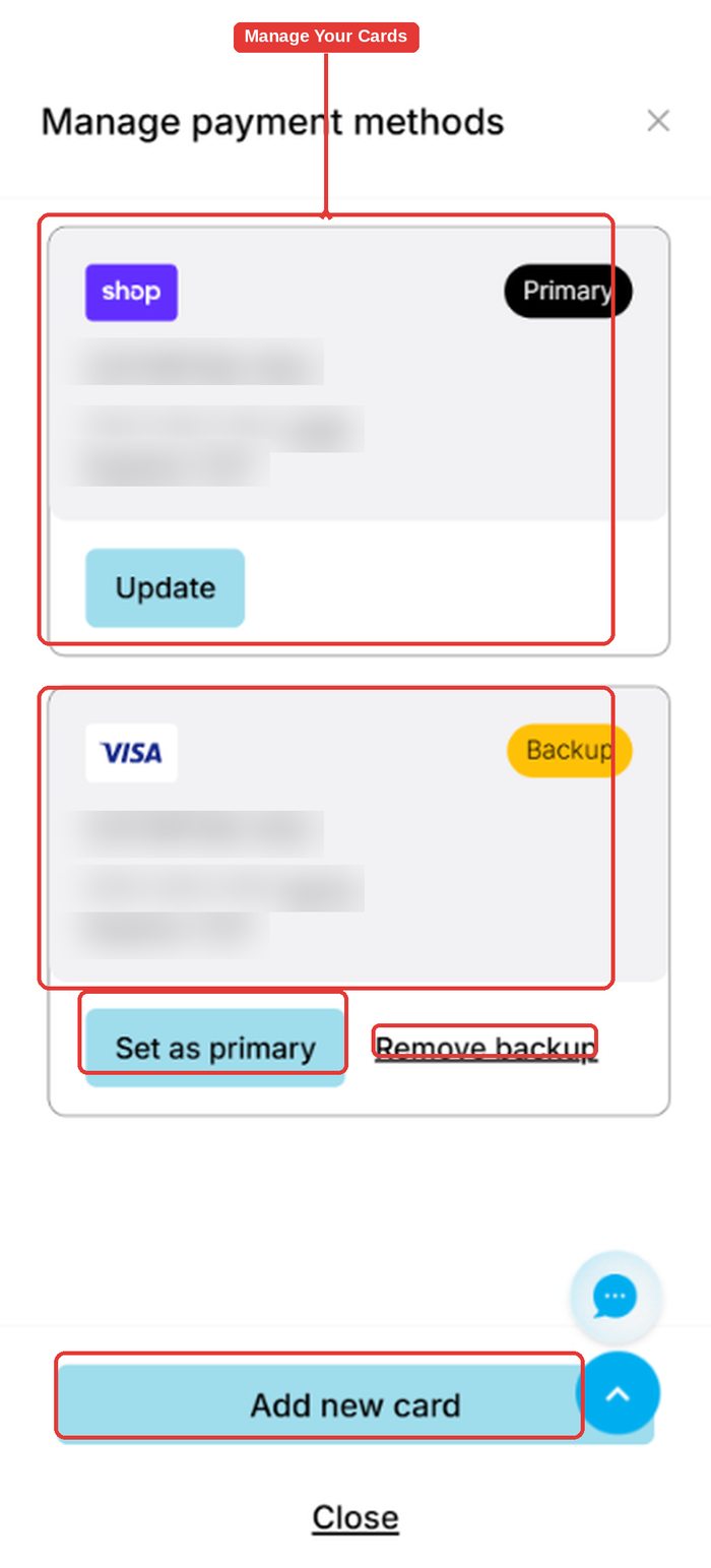 Manage payment methods pop-up with the primary card, backup card, Set as primary, Remove backup and Add new card highlighted