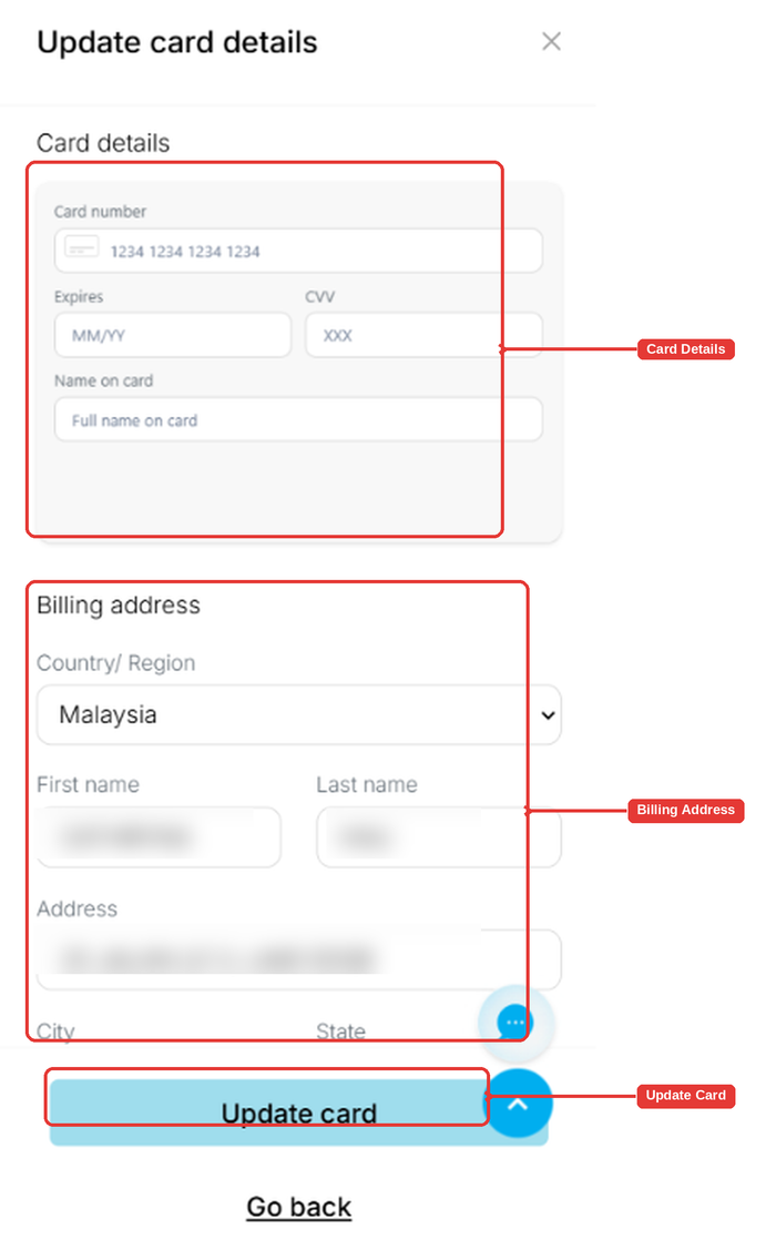 Update card details pop-up with the card details, billing address and Update card button highlighted