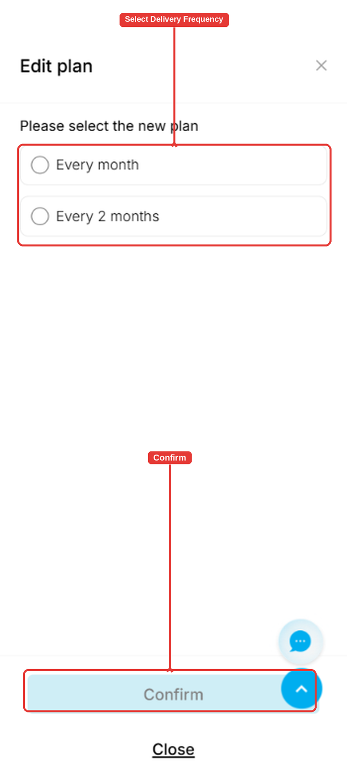 Edit plan pop-up with the delivery frequency options and Confirm highlighted