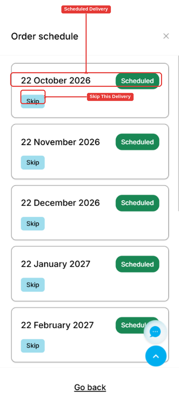 Order schedule pop-up with the scheduled delivery date and Skip highlighted
